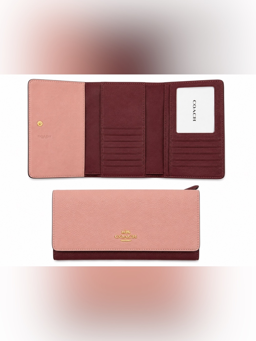 Coach CG598 Colorblock Soft Pebble Leather Trifold Wallet Blush Pink Oxblood